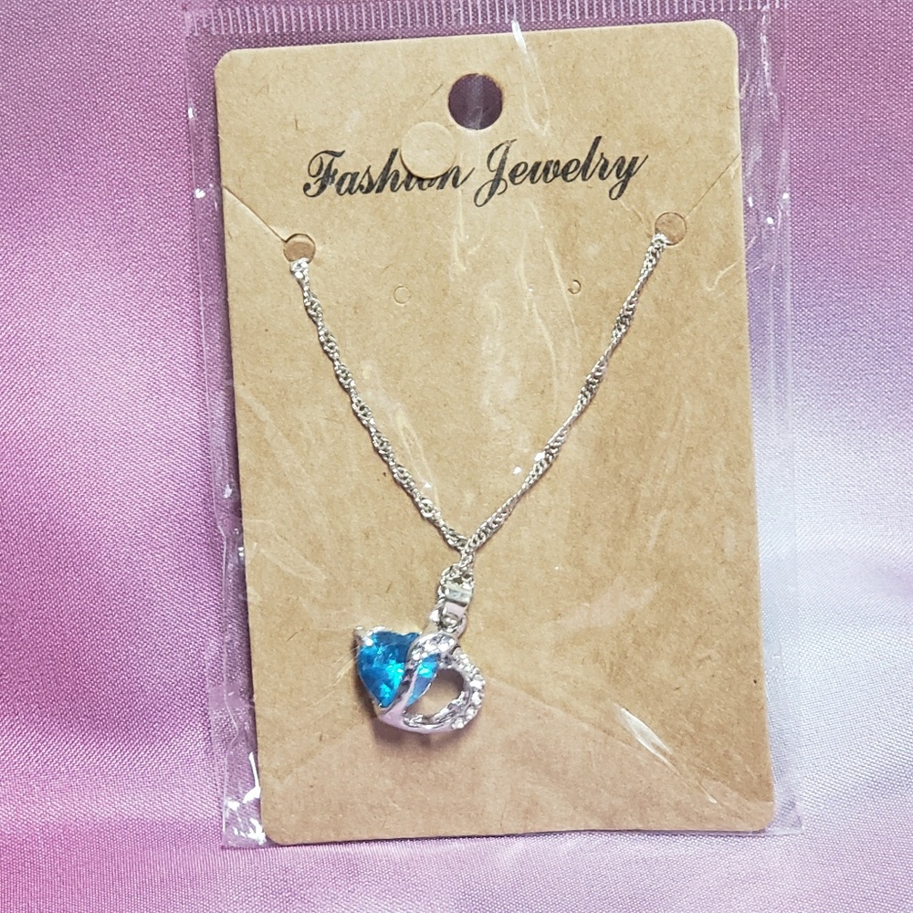 Blue stone heart diamond silver necklace